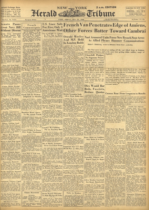 May 24, 1940 front page of international herald tribune
