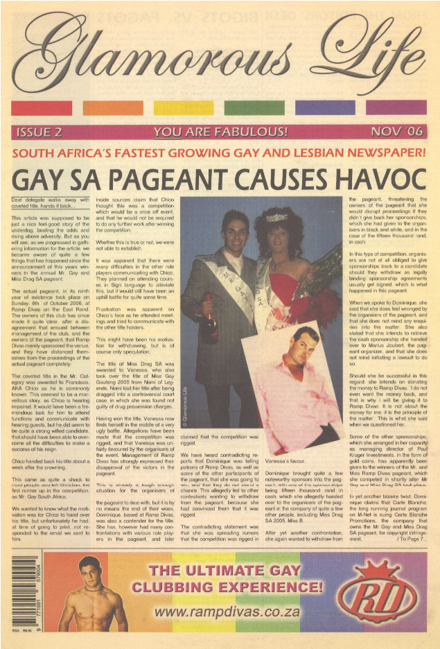 Front cover of the periodical Glamorous Life (November 2006) from Gay and Lesbian Memory in Action, South Africa