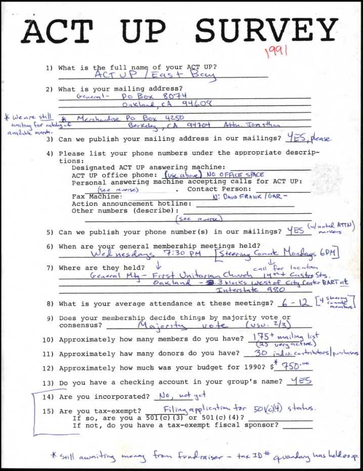 Act Up Survey from the Lesbian Herstory Archives