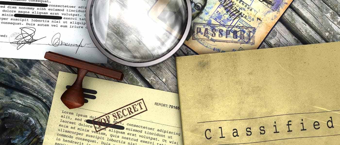 Top secret document, declassified, confidential information, secret text. Non-public information. Sheet of paper with classified information. Rubber stamp and magnifying glass. Passport, secret agent.!''