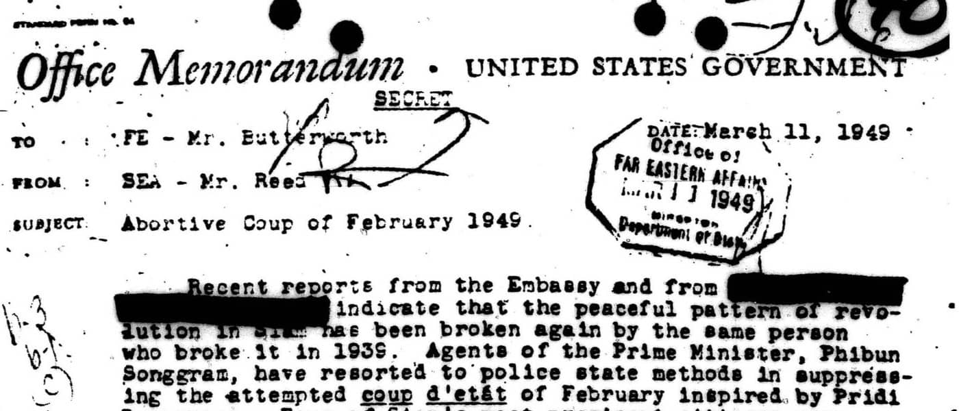 54-D-190: Records Of The Philippine And Southeast Asian Division, 1944 - 1952, Southeast Asia-Regional, Country Files, Thailand (1938-1952): Political, External: Internal Politics, 1947 - 1949. 1947 - 1949. MS U.S. Relations and Policies in Southeast Asia, 1944-1958: Records of the Office of Southeast Asian Affairs. National Archives (United States). Archives Unbound, link.gale.com/apps/doc/SC5105204109/GDSC?u=asiademo&sid=bookmark-GDSC&xid=ba1bcb1c&pg=7.!''