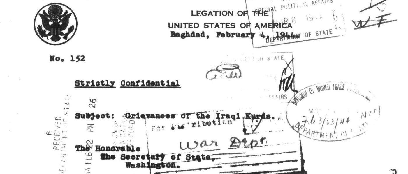 Central File: Decimal File 890G.4016, Internal Affairs Of States, Social Matters., People., Iraq, Race Problems. Racial Disturbances, Their Suppression. Massacres. Pogroms., February 4, 1944. 4 Feb. 1944. MS Iraq: Records of the U.S. Department of State, 1888-1944: Records of the Department of State Relating to Internal Affairs of Iraq, 1930-1944. National Archives (United States). Archives Unbound, link.gale.com/apps/doc/SC5111795444/GDSC?u=asiademo&sid=bookmark-GDSC&xid=a4446536&pg=1.