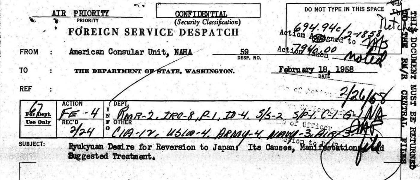 Central File: Decimal File 694.94C, International Political Relations. Other International Relations. Bilateral Treaties., Japan, Political Relations between Japan and Ryukyu Islands (Okinawa), Nampo Islands (Bonin, Volcano and Marcus)., February 18, 1958. 18 Feb. 1958. MS Japan: Records of the U.S. Department of State, 1950-1959: Records of the Department of State Relating to Political Relations between the United States and Japan, 1955-1959. National Archives (United States). Archives Unbound, link.gale.com/apps/doc/SC5112347263/GDSC?u=asiademo&sid=bookmark-GDSC&xid=0516f8ee&pg=1.!''