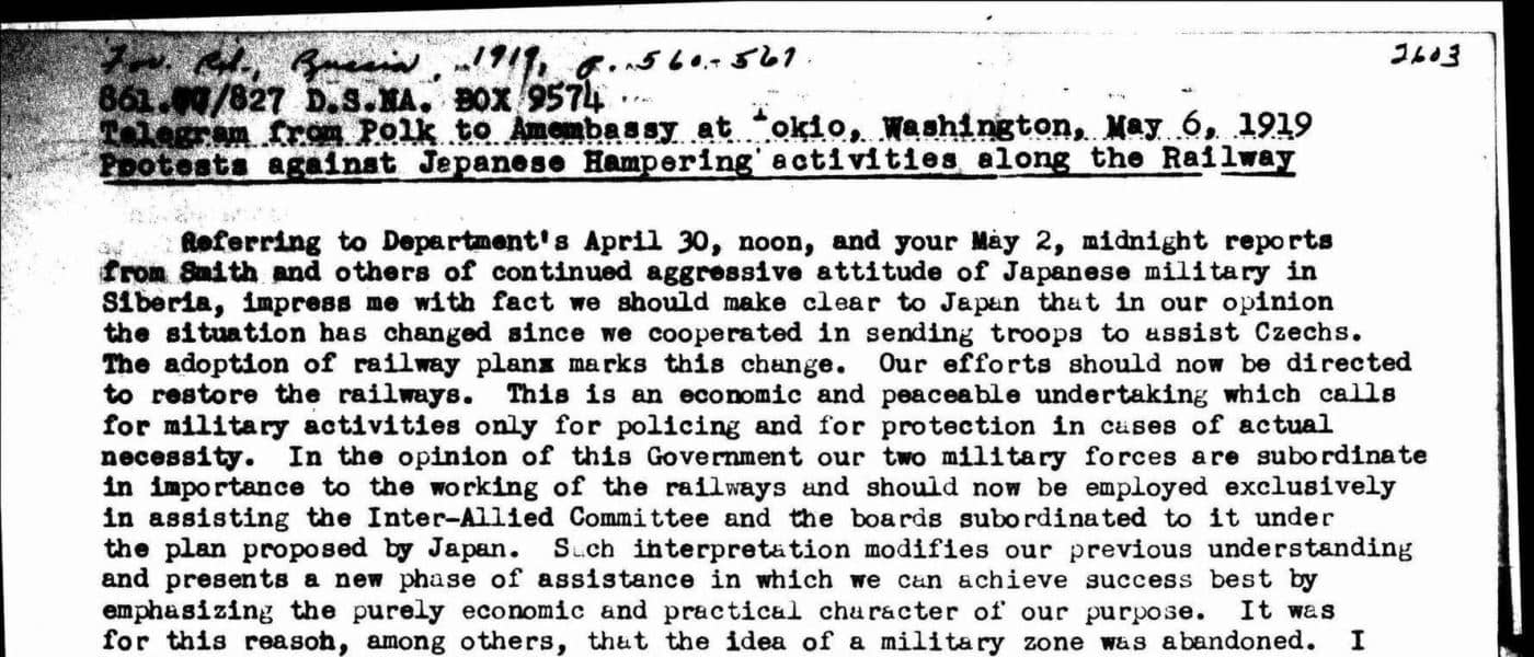 6295, Acting Secretary of State (Polk) to American Embassy at Tokyo. 6 May 1919. TS United States and the Russian Civil War: The Betty Miller Unterberger Collection of Documents 6295. Betty Miller Unterberger. Archives Unbound, link.gale.com/apps/doc/MQXXWF835794461/GDSC?u=asiademo&sid=bookmark-GDSC&xid=e0aaca93&pg=2. Accessed 11 Oct. 2024.!''