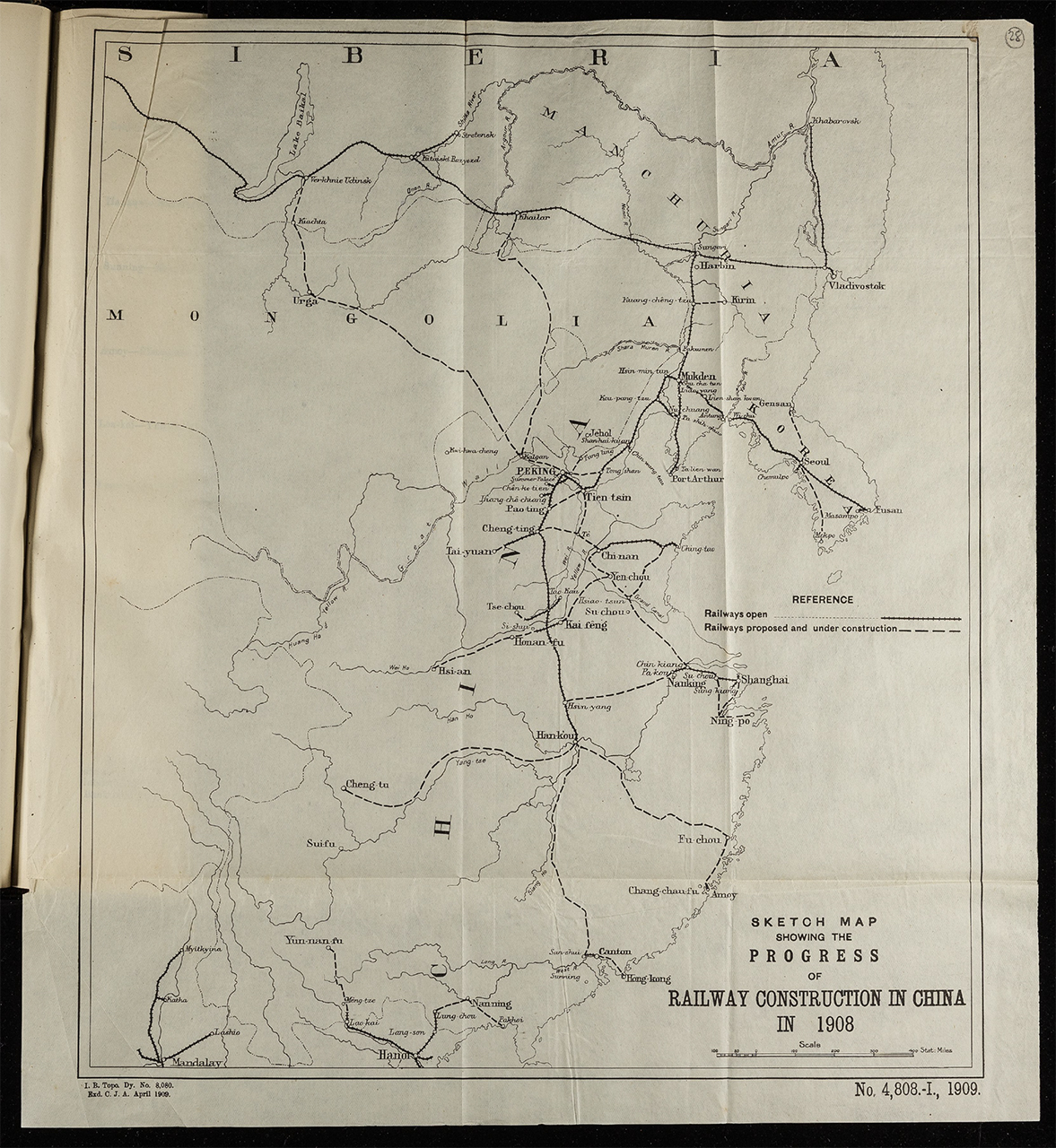 Part f 28: 'Sketch Map Showing the Progress of Railway Construction in China in 1908'. 9 Apr. 1908. MS Political and Secret Department Records.