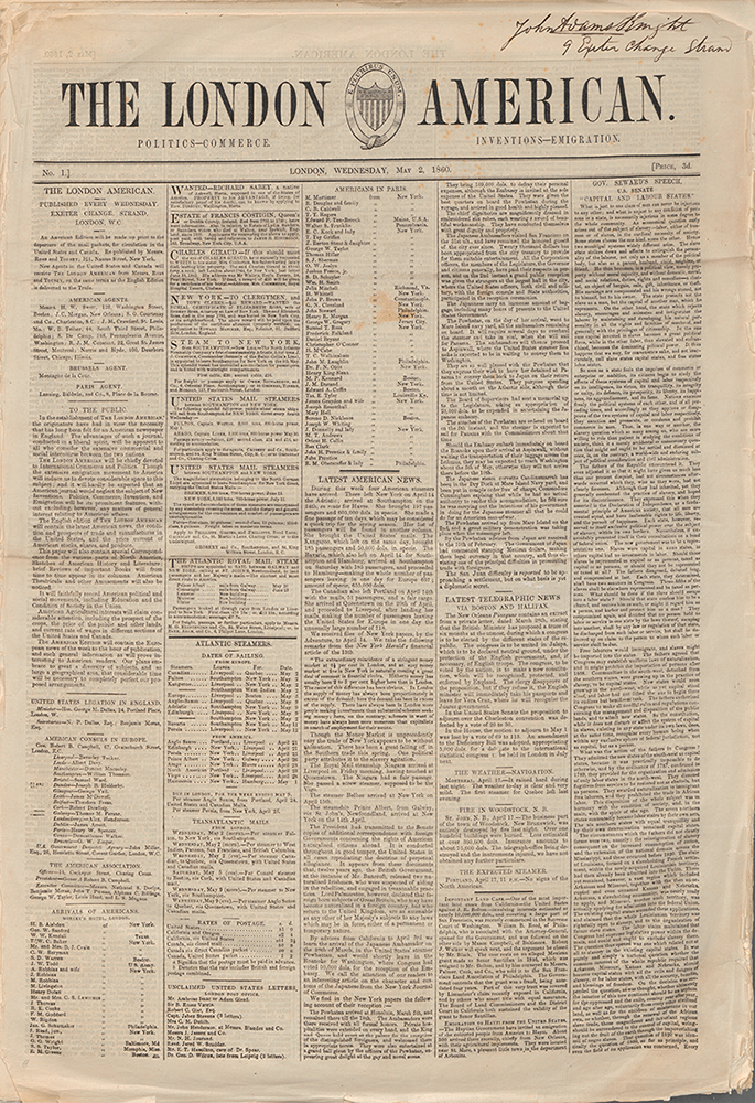 Front page of The London American, May 2nd, 1860, [No. 1], London.