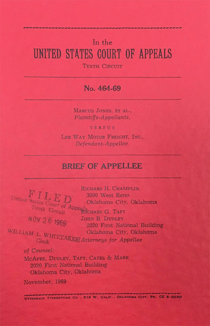 Champlin, Richard H., et al. Jones v. Lee Way Motor Freight, Inc., 431 F.2d 245 (1970). Appellee's brief. 26 Nov. 1969. The Making of Modern Law: Landmark Records and Briefs of the U.S. Courts of Appeals